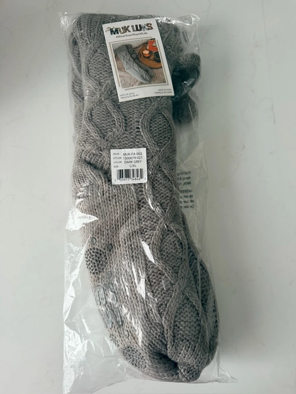 Muk Luks Gray Cable-Knit Pom-Pom Socks L / XL